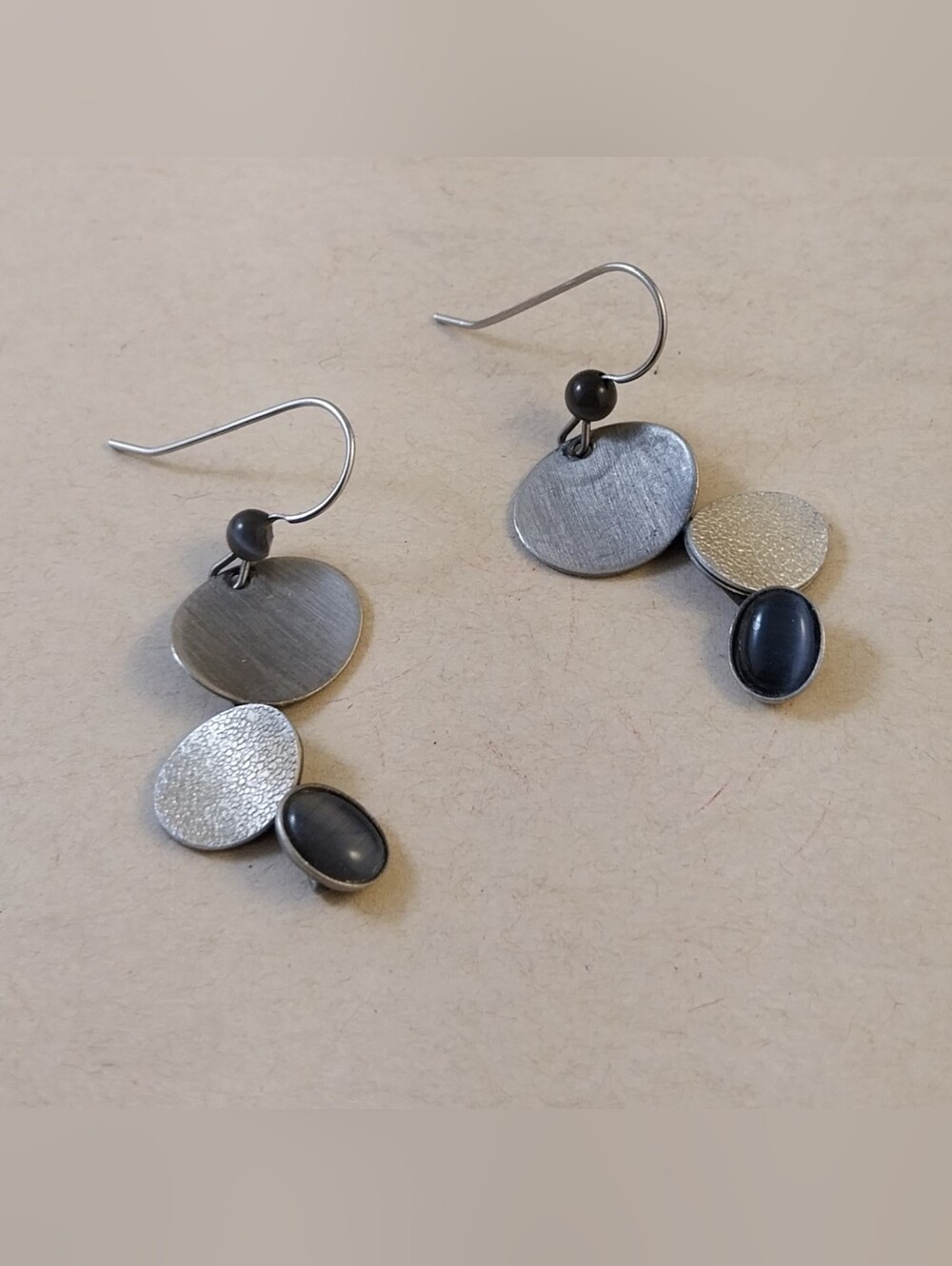 Silver Tone Triple Disc Drop Earrings - Modern Minimalist - Picture 4 of 9